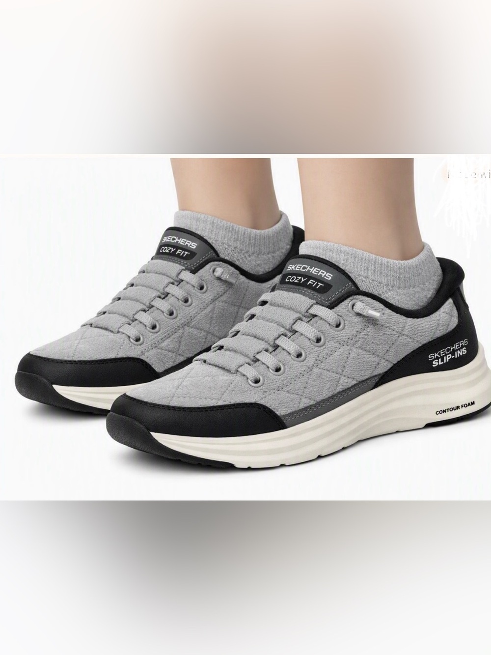 Skechers Cozy Fit Gray and Black Quilted Knit Slip-On Sneakers Sz 8.5